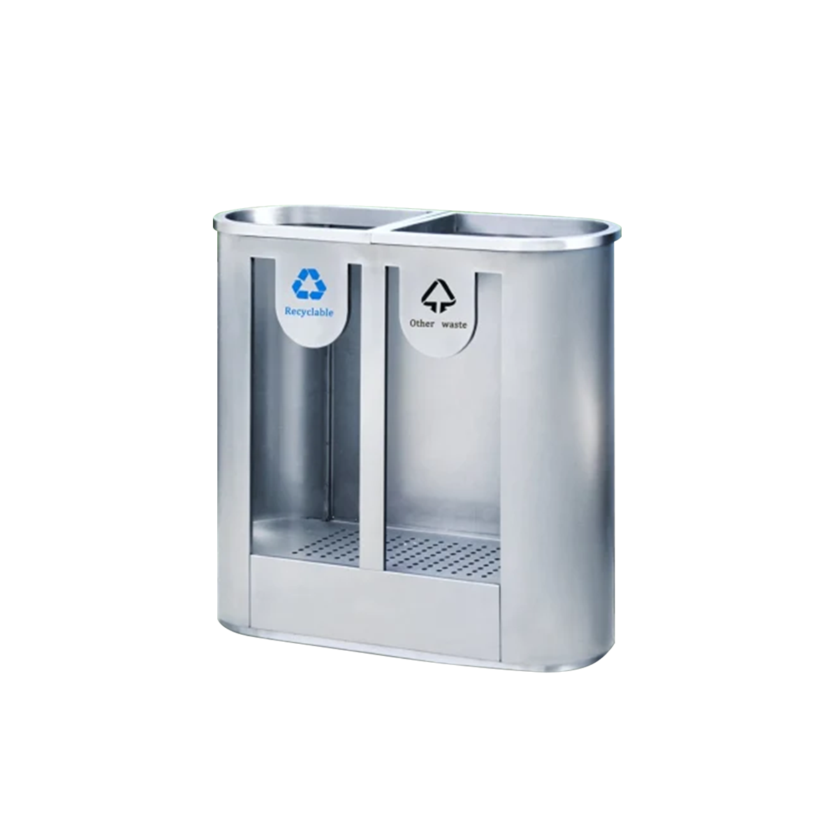 ถังขยะแยกประเภทสแตนเลส 2 ช่อง ด้านหน้าเสริมแผ่นอคริลิคใส มองเห็นด้านใน