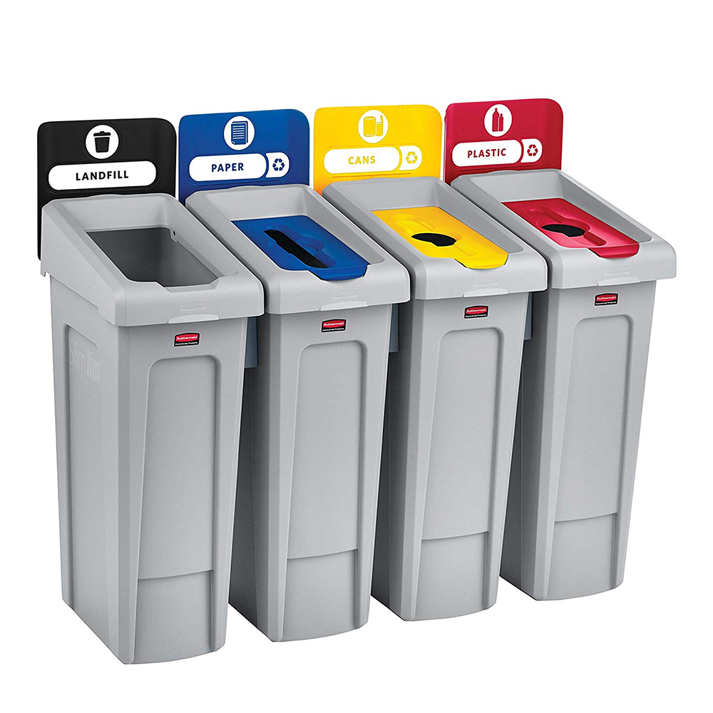 ถังขยะรีไซเคิล แบบ 4 ถัง Slim Jim® Recycling Station สำหรับขยะแบบฝังกลบได้ กระดาษ พลาสติก และกระป๋อง