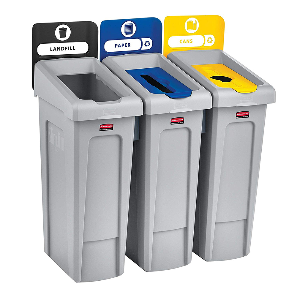 ถังขยะรีไซเคิล แบบ 3 ถัง Slim Jim® Recycling Station สำหรับขยะแบบฝังกลบได้ ขวด กระป๋อง และกระดาษ