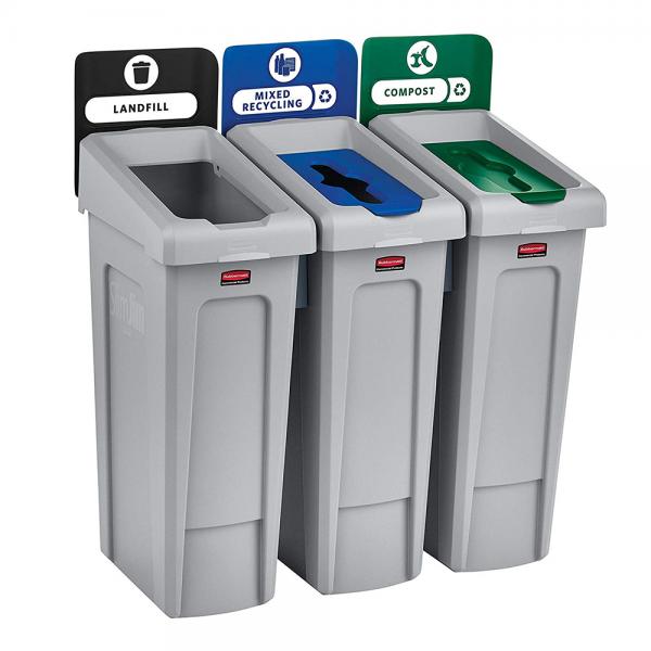 ถังขยะรีไซเคิล แบบ 3 ถัง Slim Jim® Recycling Station สำหรับขยะแบบฝังกลบได้ วัสดุรีไซเคิลทั่วไป และขยะสำหรับหมักปุ๋ย